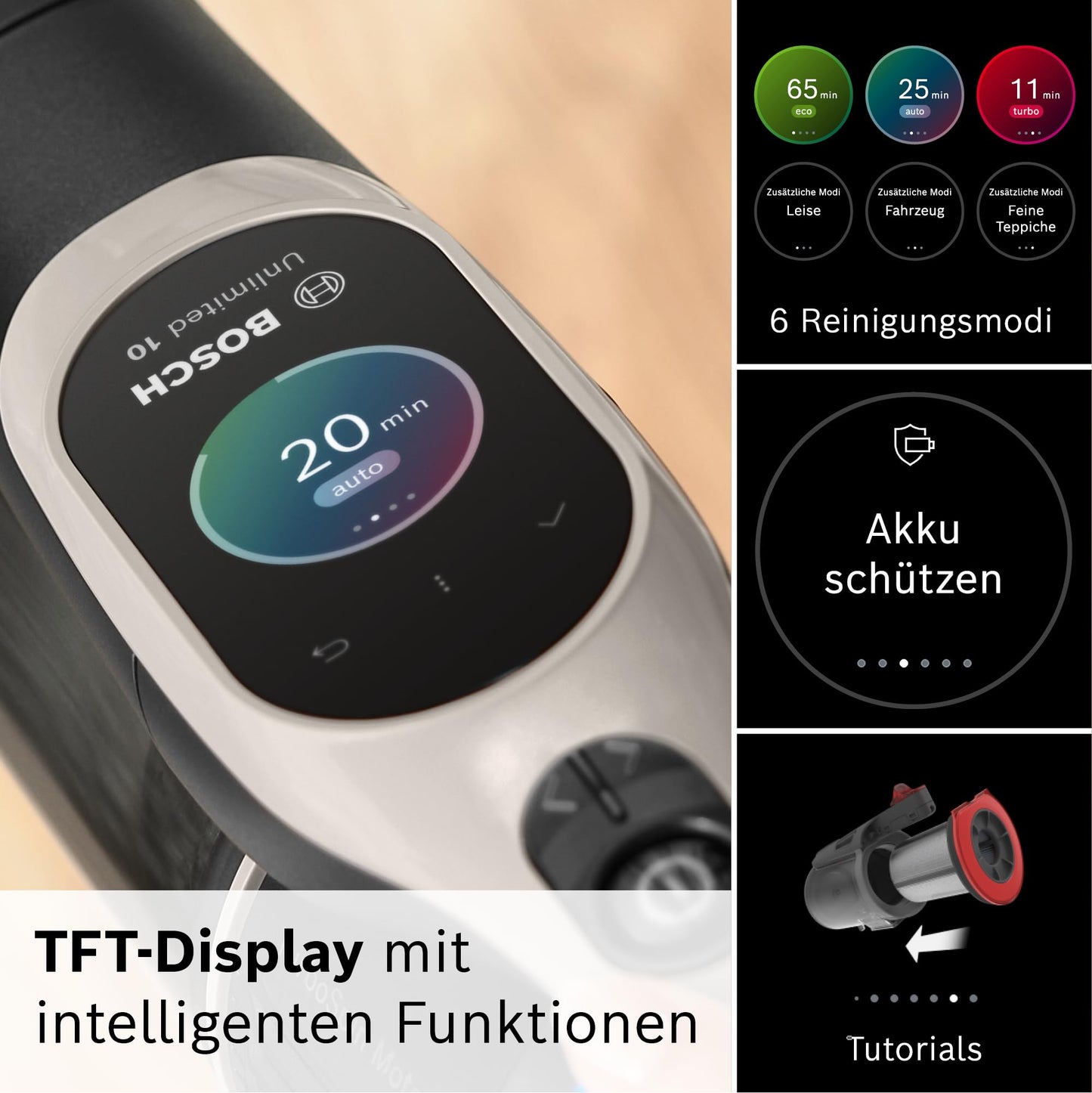 Bosch Unlimited 10 Akku-Staubsauger BTS1042GQC | Kabellos, HEPA, TFT-Display, 2×4Ah Akku, LED, Schnellladegerät, Grau