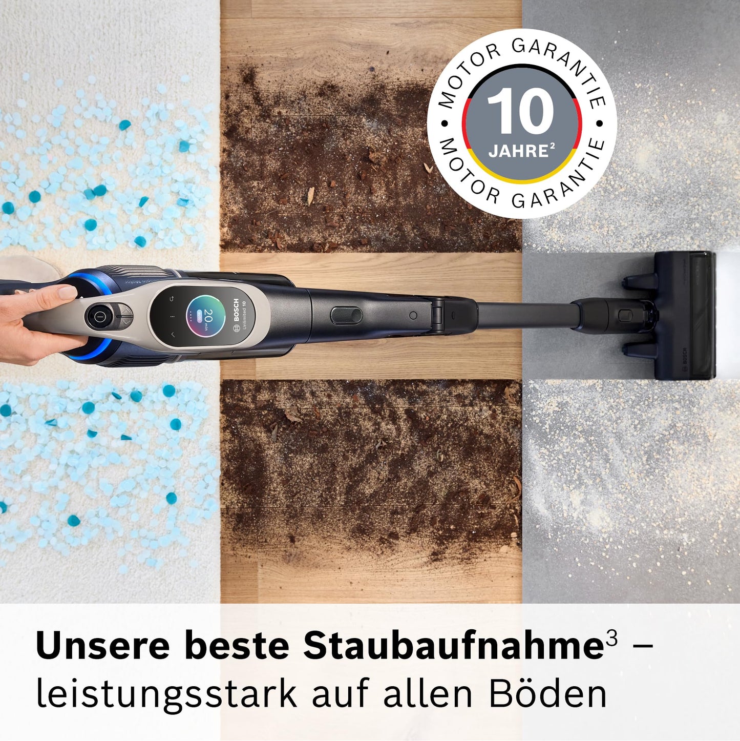 Bosch Unlimited 10 Akku-Staubsauger BTS1042GQC | Kabellos, HEPA, TFT-Display, 2×4Ah Akku, LED, Schnellladegerät, Grau